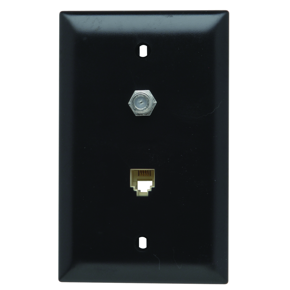 Combination f type coaxial connector and four conductor RJ11 telephone jack. Brown.