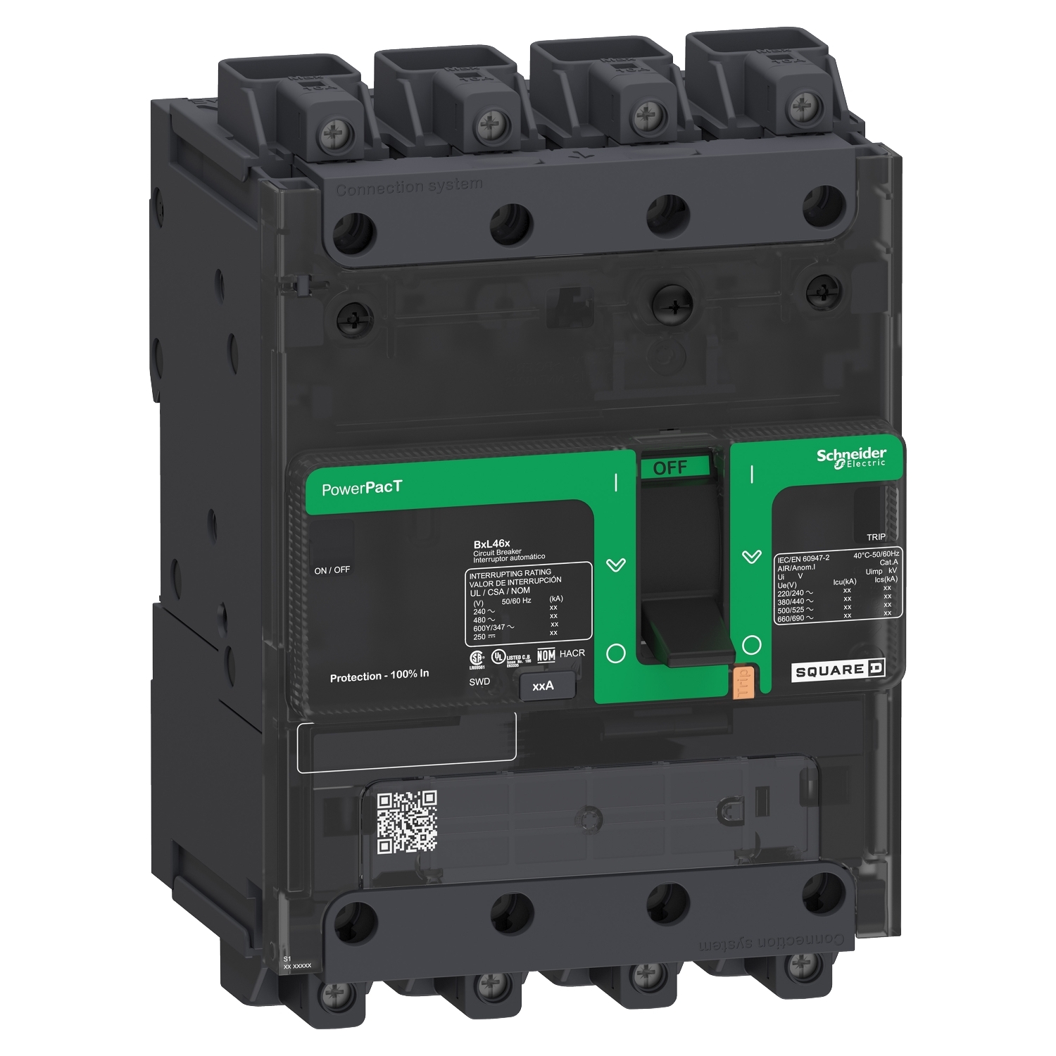 Circuit breaker, PowerPacT B, 60A, 4 pole, 600Y/347VAC, 14kA, lugs, thermal magnetic, 80%, control wire ON end