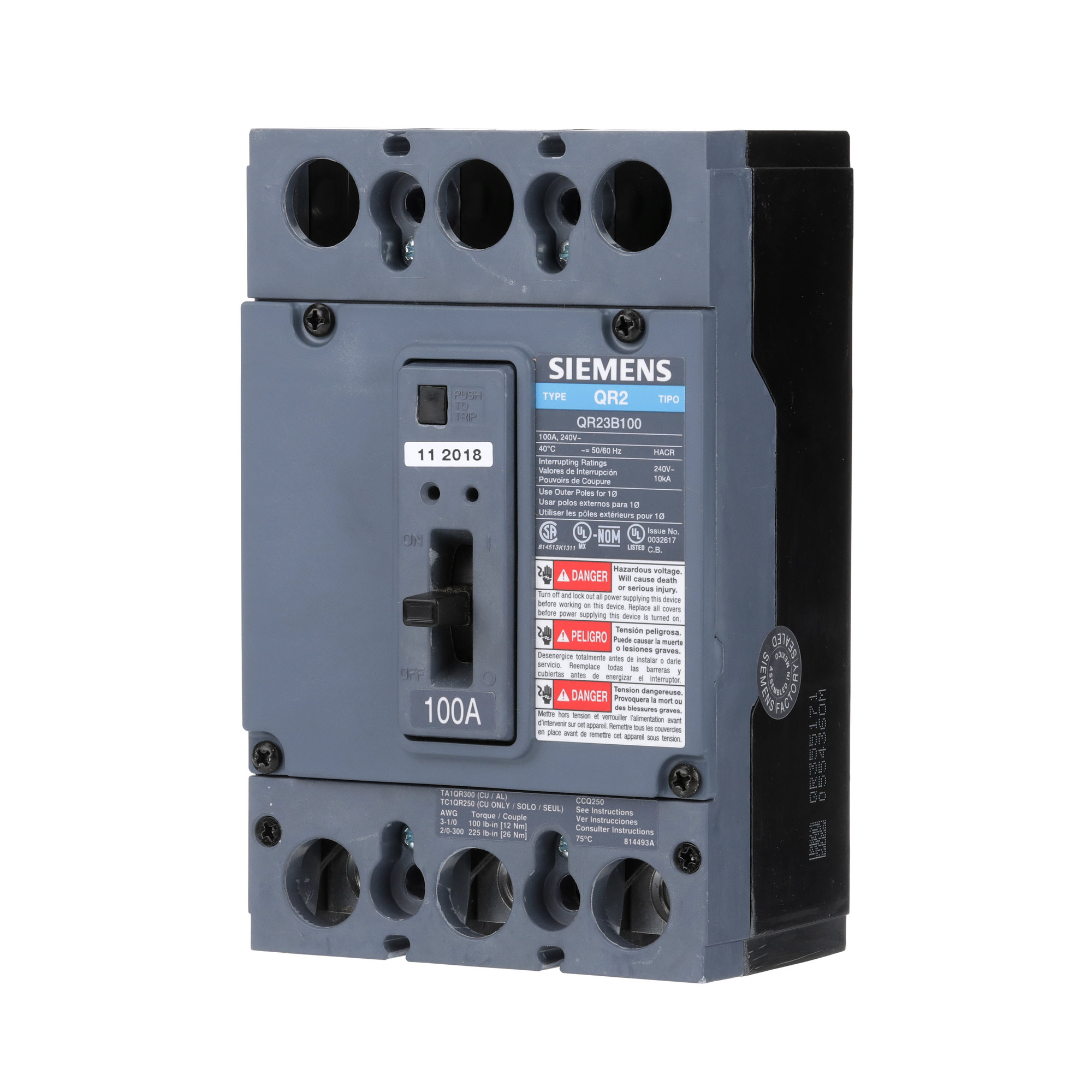  LOW VOLTAGE MOLDED CASE CIRCUIT BREAKER WITH THERMAL - MAGNETIC TRIP. QR FRAME STANDARD 40C BREAKER. 225A 3-POLE (65KA AT 240V). SPECIAL FEATURES NO LUGS INSTALLED.