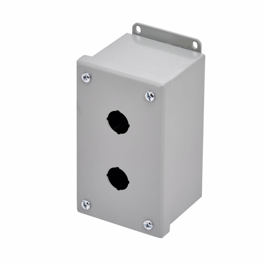 Eaton B-Line series push button enclosures, 5.75" height, 3" length, 3.25" width, NEMA 12, Screw cover, PBM enclosure, Surface mounted, Small single door, External mounting feet, Carbon steel, Oil-resistant gasket