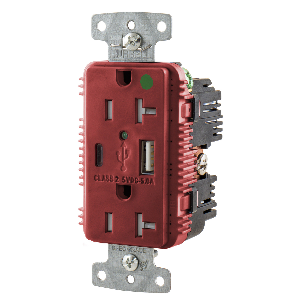 USB Charger Duplex Receptacle, HospitalGrade, 20A 125V, 2-Pole 3-Wire Grounding, 5-20R, 1) 5A "C" USB and "A"Ports, Red