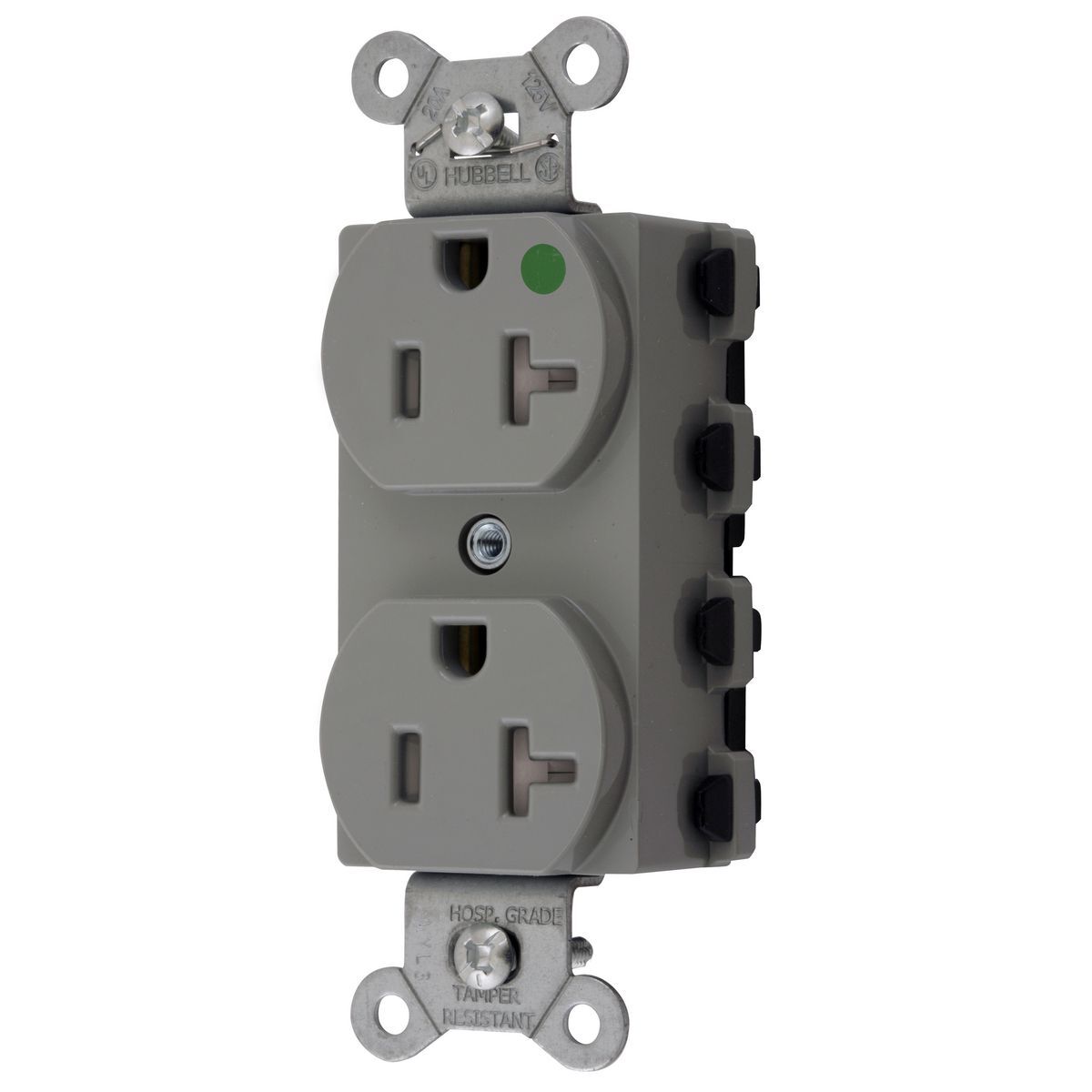Straight Blade Devices, Receptacles, Duplex, SNAPConnect, Hospital Grade, Tamper Resistant, 20A 125V, 2-Pole 3-Wire Grounding, 5-20R, Nylon, Gray, USA