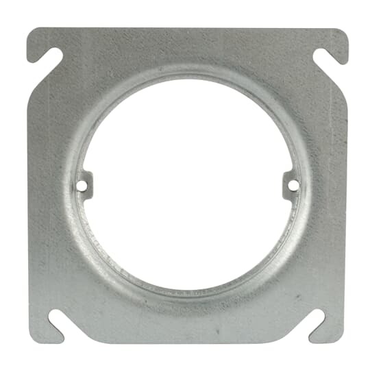 Square Box Ring, 1 Cubic Inch, 4 Inch Square, 1/4 Inch Raised, 3-1/2 Inch Opening, Galvanized Steel, Ears Tapped 8/32 - 2-23/32 Inches on Centers, Special Screw Lock Feature in Slots