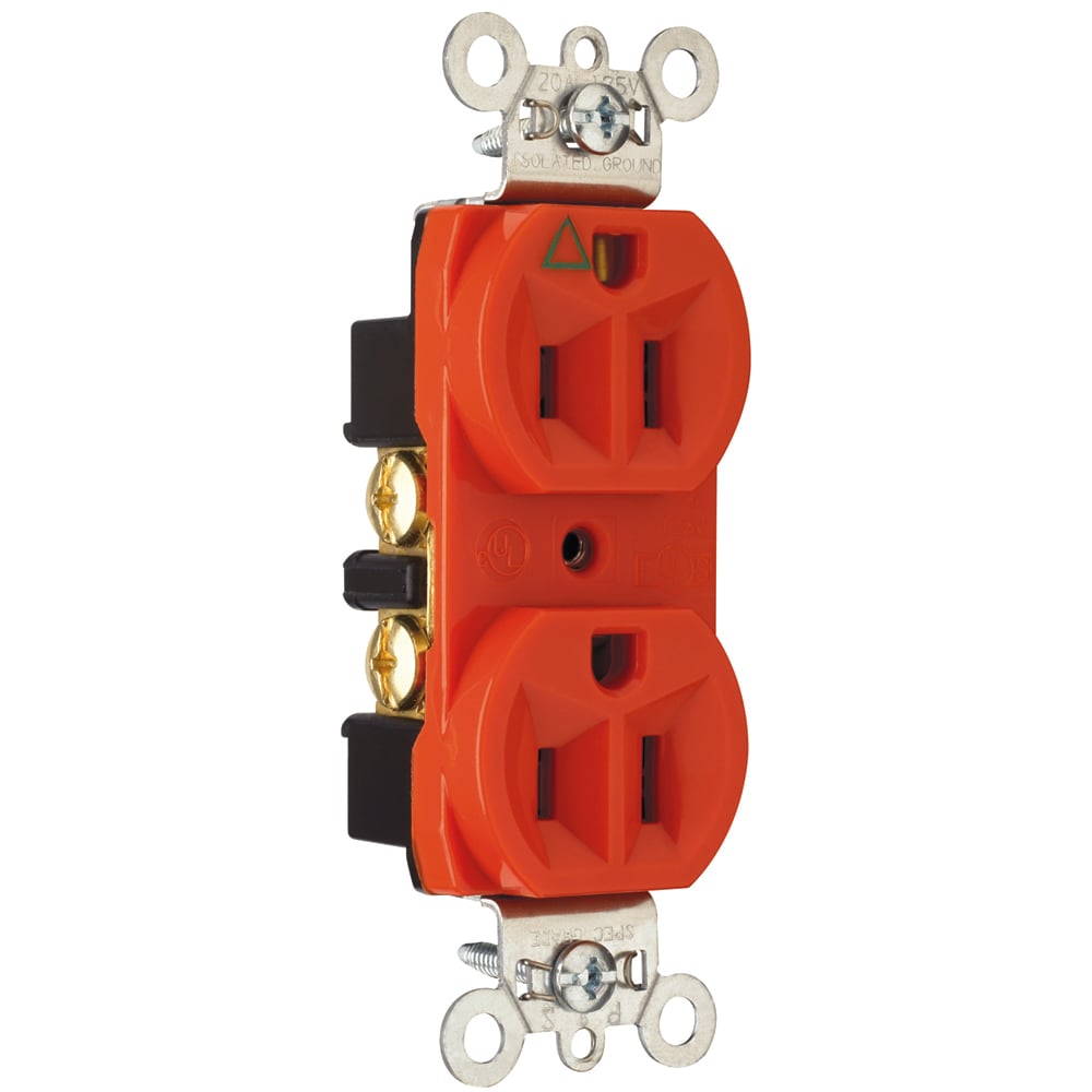 Isolated Ground Heavy-Duty Spec Grade Duplex Receptacle Back and, Side Wire 15amp 125volt Orange