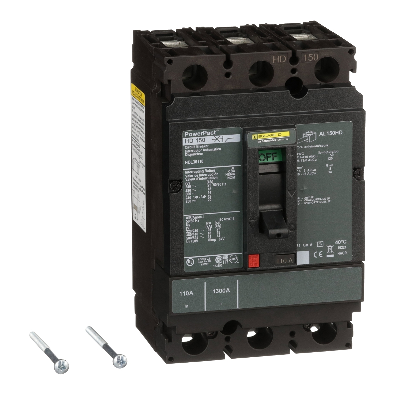 Circuit breaker, PowerPacT H, 110A, 3 pole, 600VAC, 14kA, lugs, thermal magnetic, 80%