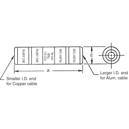 Aluminum Reducing Splice Connector for Copper Wire Size 3/0, Aluminum Wire Size 250 kcmil, Tin Plated, Die Code 71, Die Color Code Red