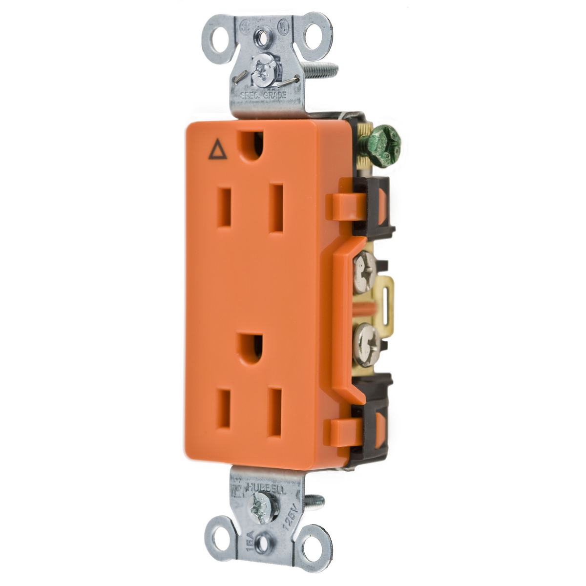 Straight Blade Devices, Receptacles, Decorator Duplex, Commercial Grade, Corrosion Resistant, Smooth Face, 15A 125V, 2- Pole 3-Wire Grounding, 5-15R, Back and Side Wired, Orange.