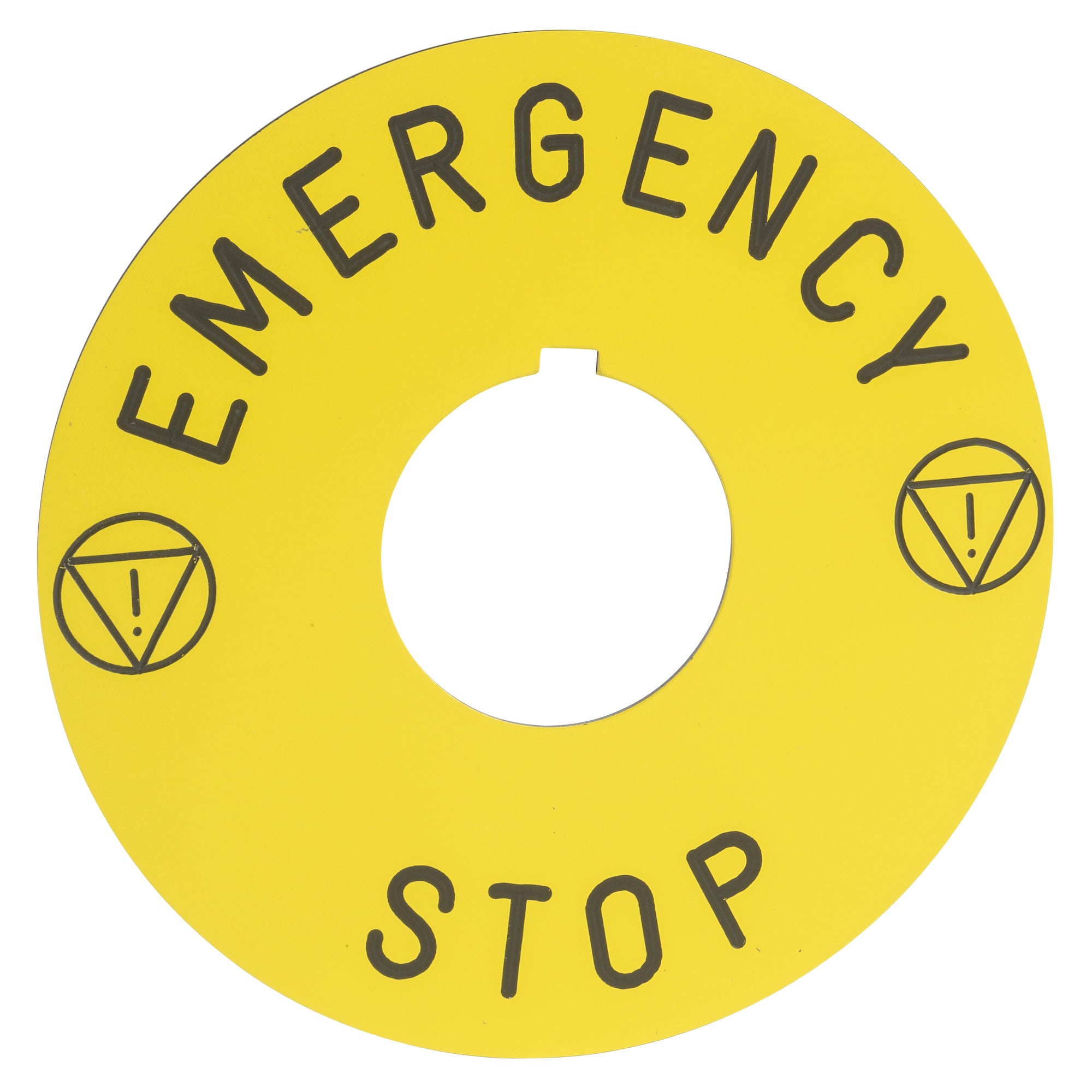 Legend, Harmony 9001K, Harmony 9001SK, 30mm, aluminium, yellow with black letters, 60mm circular for emergency stop, marking EMERGENCY STOP