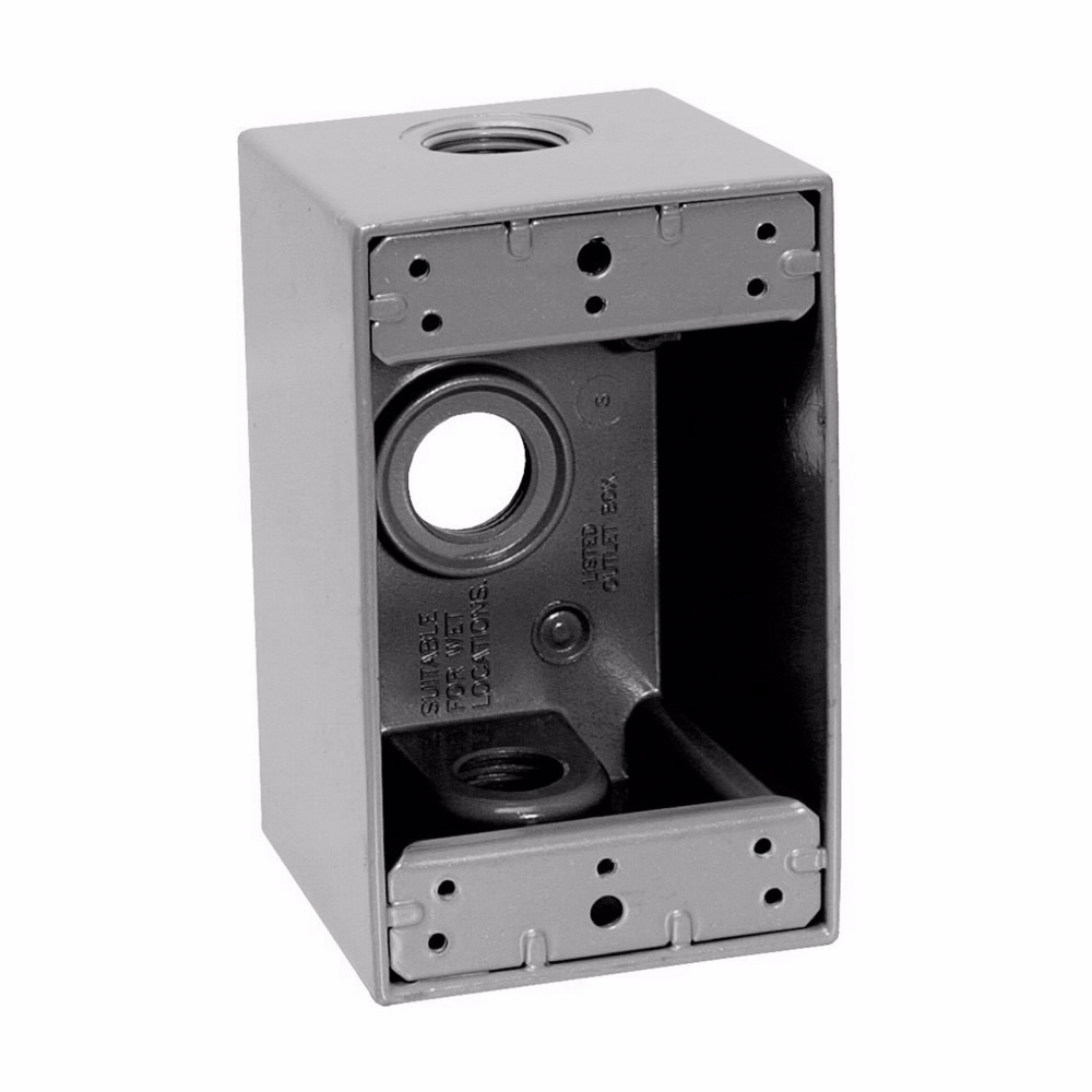 Eaton Crouse-Hinds series weatherproof outlet box, 24.0 cu in, Gray, 2-5/8" deep, Die cast aluminum, Single-gang, (3) 1/2" outlet holes, Rectangular, with lugs