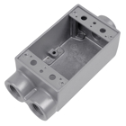 1/2 Inch Shallow 1 Gang Device Box, Die Cast Aluminum, Thru-Feed, 3 Hole, Raintight When Used with Appropriate Cover