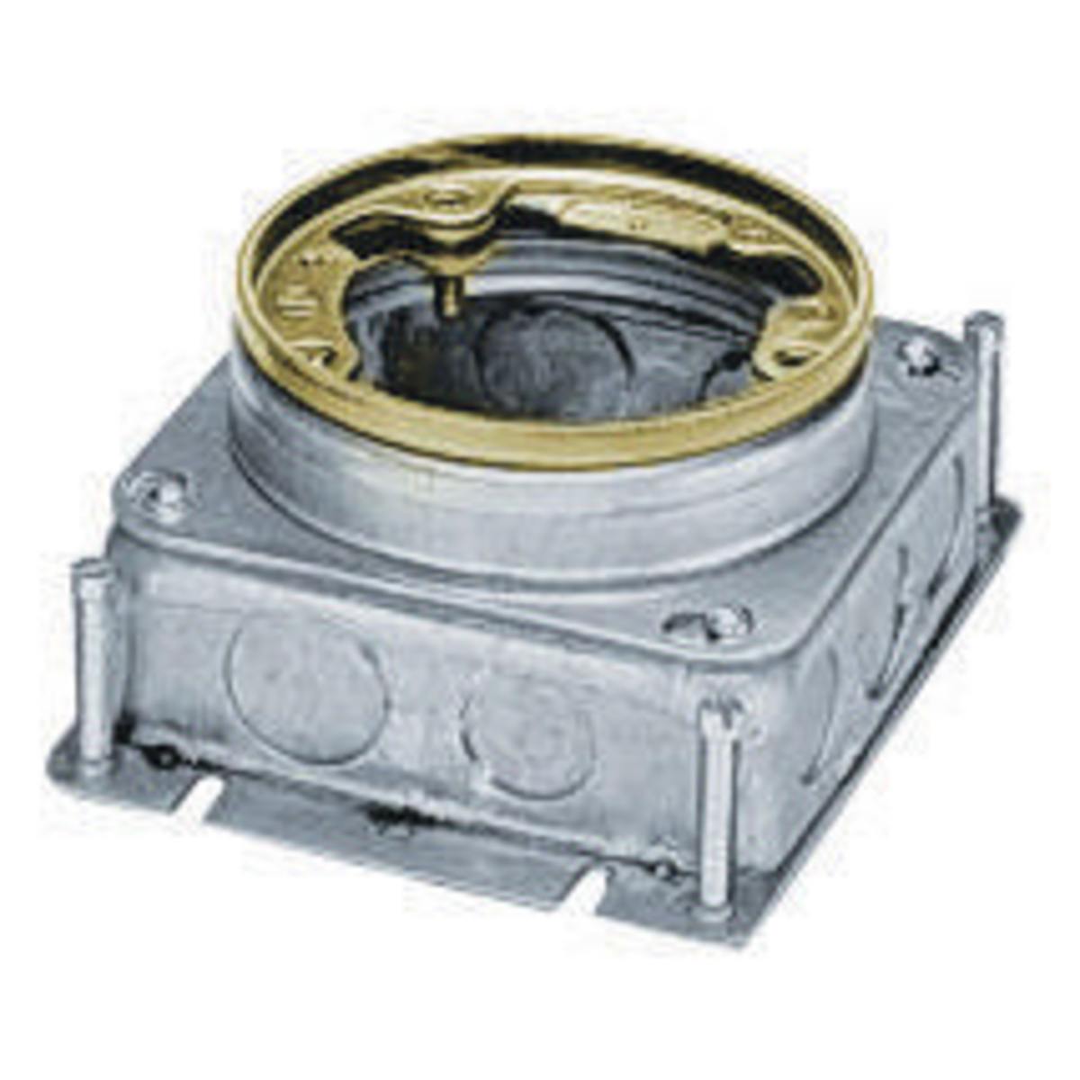 Flush Concrete Floor Box Series, 1-Gang, Round, Galvanized Stamped Steel Box, Shallow, Fully Adjustable, Single Service, Brass Top