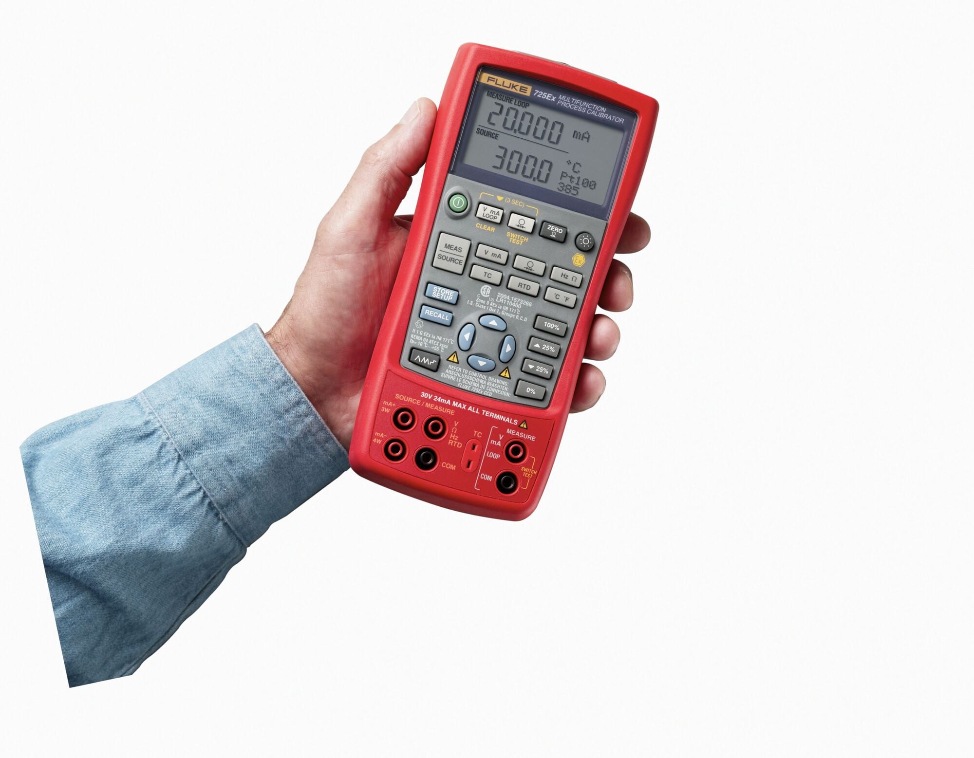 725 Series Multifunction Process Calibrator, Measuring Range: 30 V, 100 MIL V, -10 to 75 MIL V For DC Voltage, 24 MILAMP For DC Current, 0 - 3200 OHM For Resistance, Resolution: 0.1 DEG C, Accuracy: 0.02 PCT Plus 2 Counts For Voltage And Current, 0.1 OHM For Resistance , 0.05 PCT Plus 1 Count For Frequency, 10 PCT For Loop Power, Functions: Voltage, Current, Resistance, Frequency, Temperature For Ramp And Step, Loop Power: 24 VDC, Maximum Voltage: 30 V, Power Source: 4 AA Alkaline, Dimensions: 236 MM Length X 130 MM Width X 61 MM Height, Environmental Conditions: Operating Temperature: -10 To 55 DEG C, Storage Temperature: -20 To 71 DEG C, Operating Altitude: 3,000 MR, Weight: 0.65 KG, Includes: TL75 Test Leads, AC70A Test Clips, One Pair Of Stackable Test Leads, Users Manuals, CE, CSA Certified, EN 61010-1:1993, ANSI/ISA S82.01-1994, CAN/CSA C22.2 No 1010.1:1992