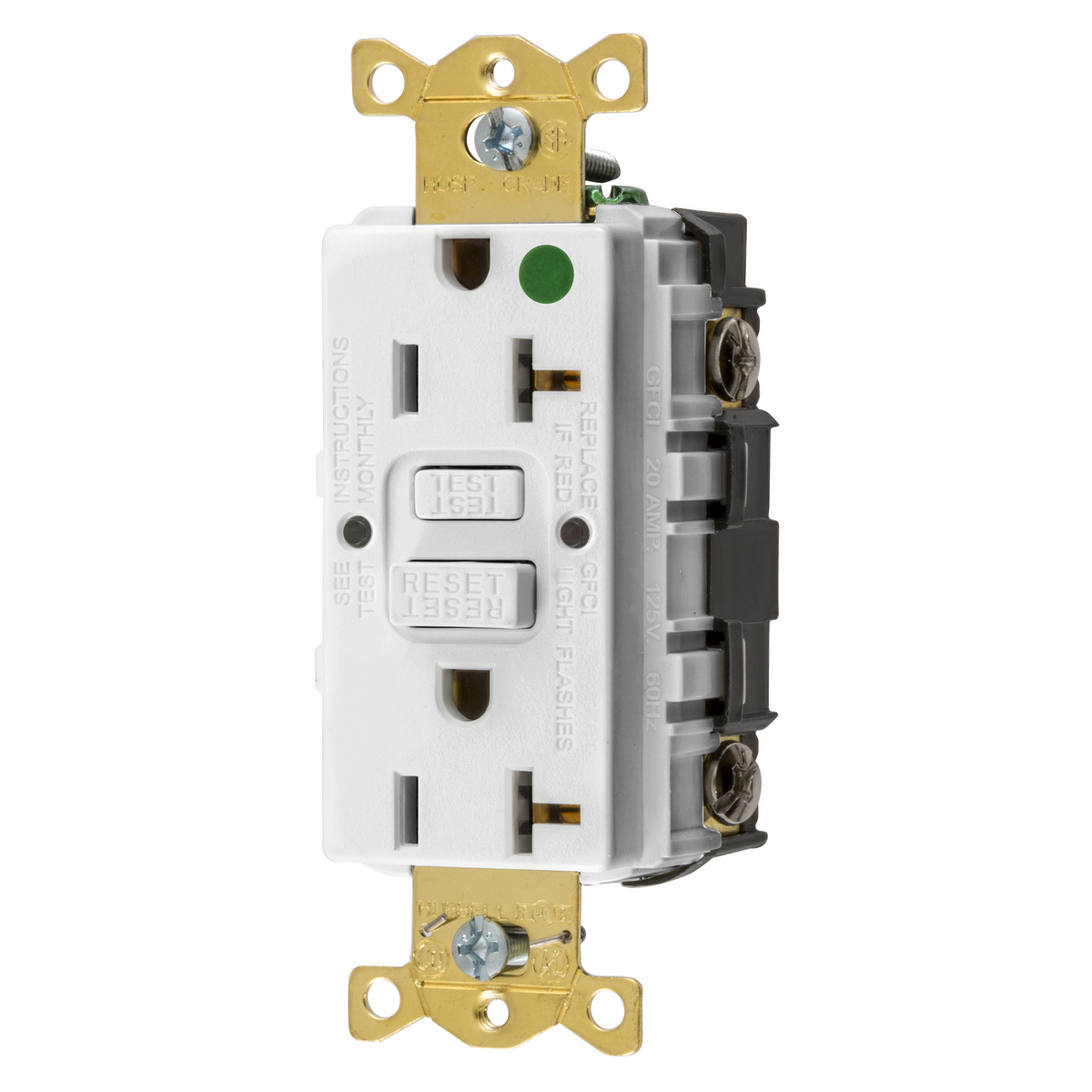 Straight Blade Devices, Receptacle, GFCI, Commercial Hospital Grade, Self Test, 20A 125V, 2-Pole 3-Wire Grounding, 5-20R, White