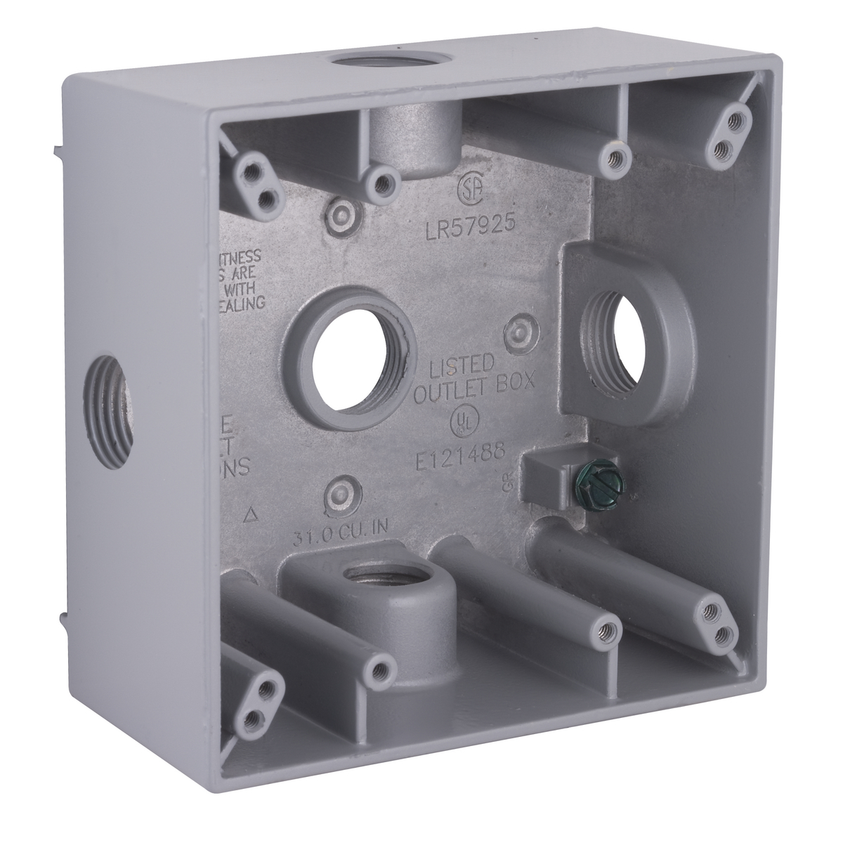 2G WP BOX (5)1/2 IN OUTLETS W/SIDE HOLES GRAY