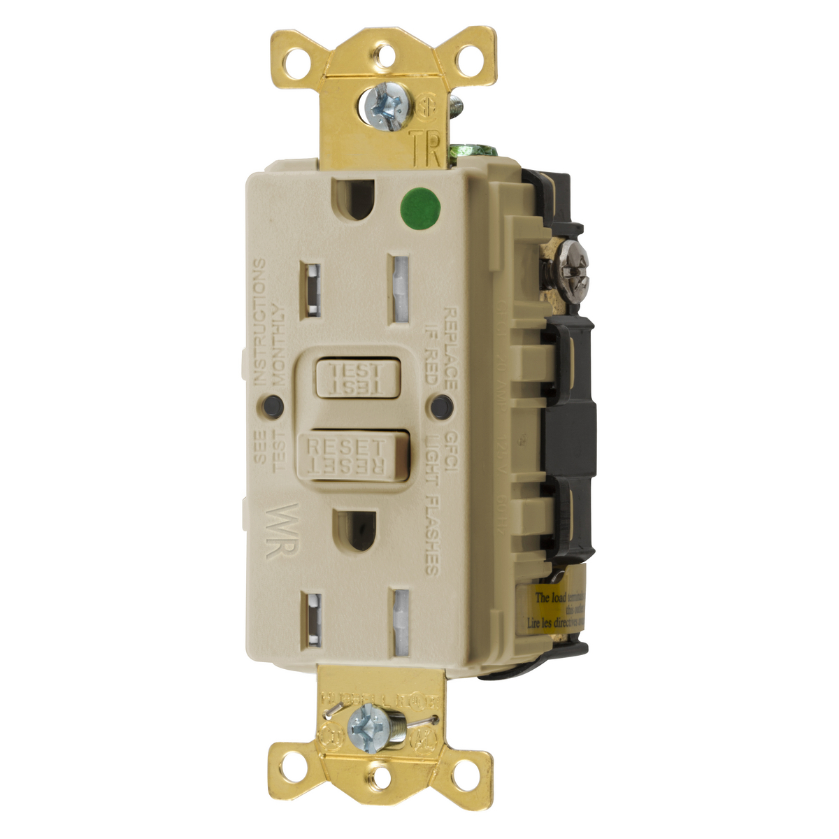 Straight Blade Devices, Receptacle, GFCI, Tamper and Weather Resistant, Commercial Hospital Grade, Self Test, 15A 125V, 2-Pole 3-Wire Grounding, 5-15R, Ivory