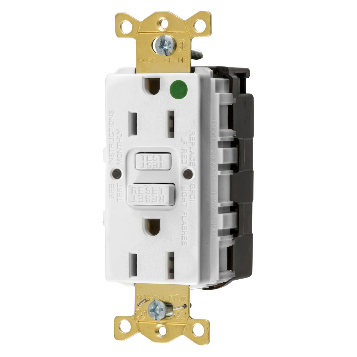Straight Blade Devices, Receptacle, GFCI, SnapConnect, Commercial Hospital Grade, Self Test, 15A 125V, 2-Pole 3- Wire Grounding, 5-15R, White.