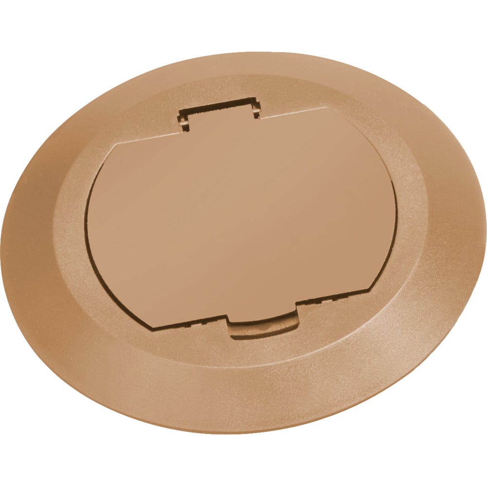 Round Plastic cover kits with one flip lid. Includes round plastic gasketed cover, mounting plate and leveling ring. Caramel.