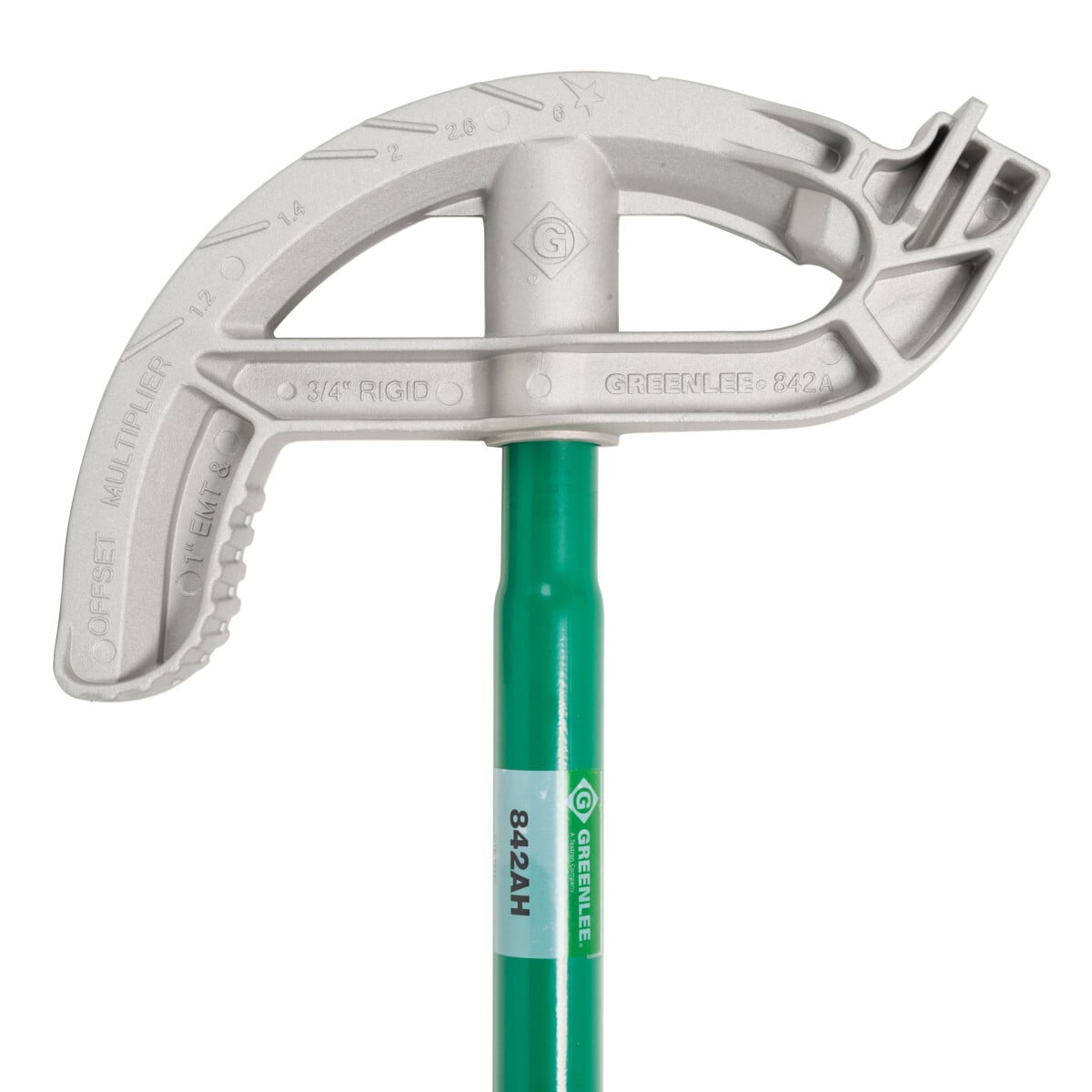 Site-Rite Aluminum Hand Bender Head with Handle for 1" EMT, 3/4" Rigid/IMC.  Sighting system featuring cast-in, readable markings on the bender heads and a finish that provides for the best visibility in low-light.  Strong, stable square hook design.  1-1/2" bender heads both offer the power pedal feature with a larger foot area on the head for greater control, stability and leverage.  Bender head has enlarged foot pedal and increased toe room to ensure greater control, stability and leverage.  Bender handle has a consistent diameter, offering a bigger grip area, while still straight up and down for fast 30 degree bends.  Lifetime Limited Warranty.