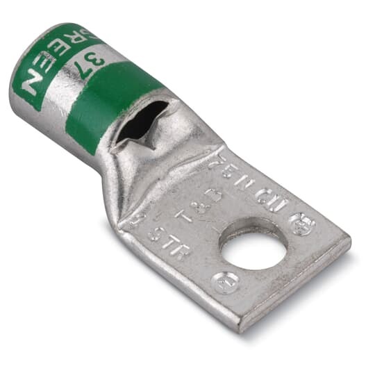 Copper One-Hole Lug, Standard Barrel, Peep Hole, Max 35kV, Wire Size #1 AWG, 1/2 Inch Bolt Size, Tin Plated, Die Code 37, Die Color Code Green