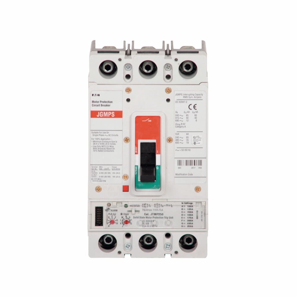 Eaton Series G motor protection circuit breaker, JG-frame, JG, Complete breaker, Fixed thermal, fixed magnetic trip type, Three-pole, 100A, 600 Vac, 35 kAIC at 480 Vac, Line and load, Metric, Motor protection