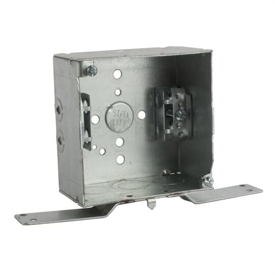 Square Box, 30.3 Cubic Inches, 4 Inch Square x 2-1/8 Inches Deep, 1/2 Inch and 3/4 Inch Eccentric Knockouts, Pre-Galvanized Steel, Welded Construction, Armored Cable Clamp (C-3) and CV Bracket, For Use with Armored/Metal Clad Cable