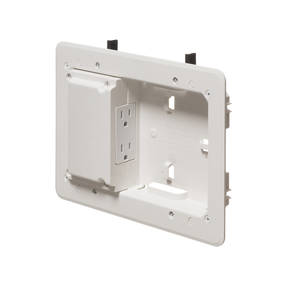 Low Profile TV BOX with steel back box for use with MC, AC, and flexible metal conduit. For a flush to the wall installation as shallow as 3/4". Fits also on 2x2, 2x3 and 2x4 or larger studs. Comes with 38RAST Snap2It connector to complete installation.