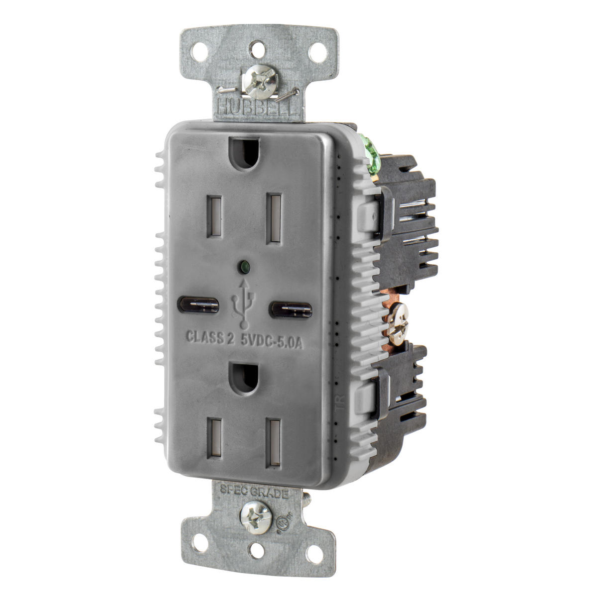 USB Charger Duplex Receptacle, 15A 125V,2-Pole 3-Wire Grounding, 5-15R, 2) 5A "C" USB Ports, Gray