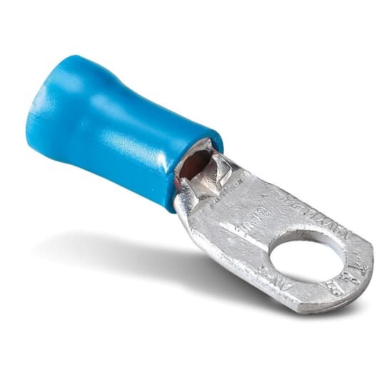 Vinyl Insulated Large Ring Terminal, Length 1.65 Inches, Width .45 Inches, Maximum Insulation .420, Bolt Hole #10, Wire Range 6, Color Blue, Copper, Tin Plated, 200 Pack