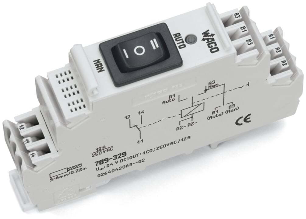 Relay module; Nominal input voltage: 24 VDC; 1 changeover contact; Limiting continuous current: 12 A; for lamp loads; Manual/0FF/Auto switch; Red status indicator; Module width: 18 mm
