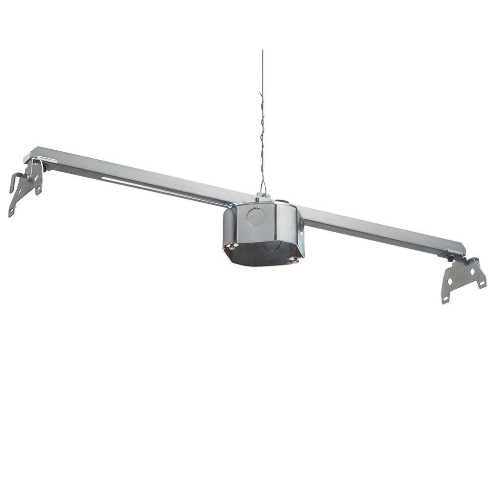 Steel fixtured box kit for suspended ceilings. With adjustable mounting bar. Preset for 24 in. Grid. Supports up to 50lb fixtures. 2 inch box depth, 20 cu. in.