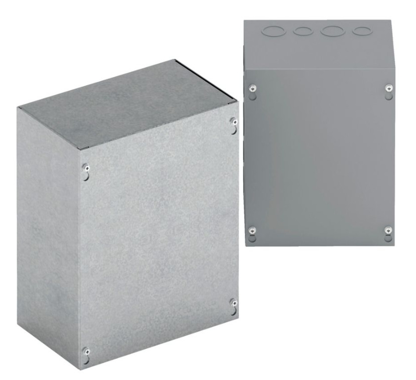 Type 1 junction boxes, 6" height, 6" length, 6" width, NEMA 1, Screw cover, SCGV enclosure, Surface mounted, Small single door, 3 knockouts each side,3 top and bottom, Thru holes, Galvanized steel