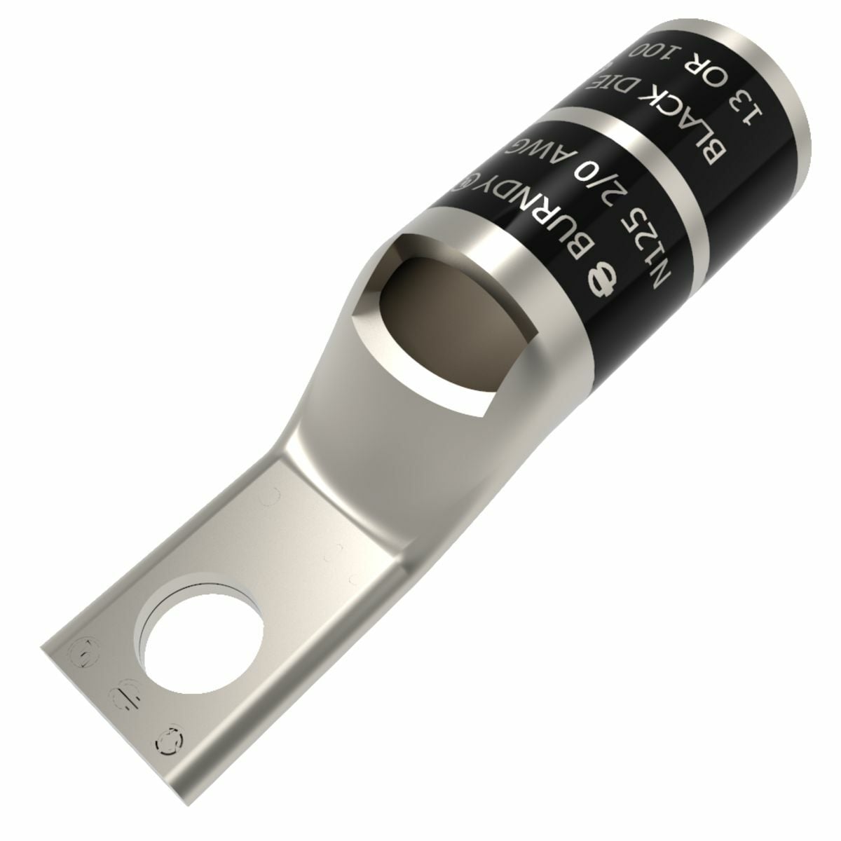 2/0 AWG CU, One Hole, 1/4 Standard Barrel, Inspection Window, Narrow Tongue Internal Chamfer, Tin Plated, UL/CSA, 90?C, Up to 35kV, BLACK Color Code, 13 Die Index.