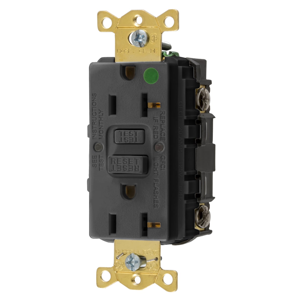 Straight Blade Devices, Receptacle, GFCI, Commercial Hospital Grade, Self Test, 20A 125V, 2-Pole 3-Wire Grounding, 5-20R, Black
