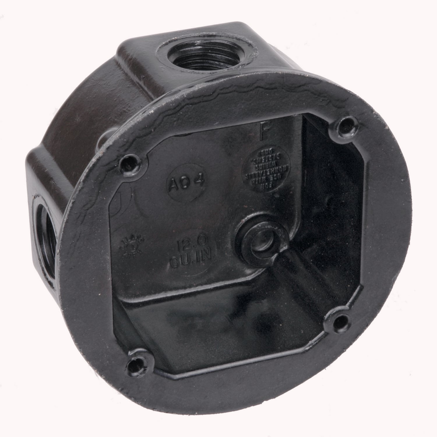 AO Round Conduit Boxes and Cover, Volume 12 Cubic Inches, Diameter 4-1/8 Inches, Depth 1-7/8 Inches, Color Brown, Material Phenolic, Mounting Means Four 3/4 Inch Threaded Knockouts