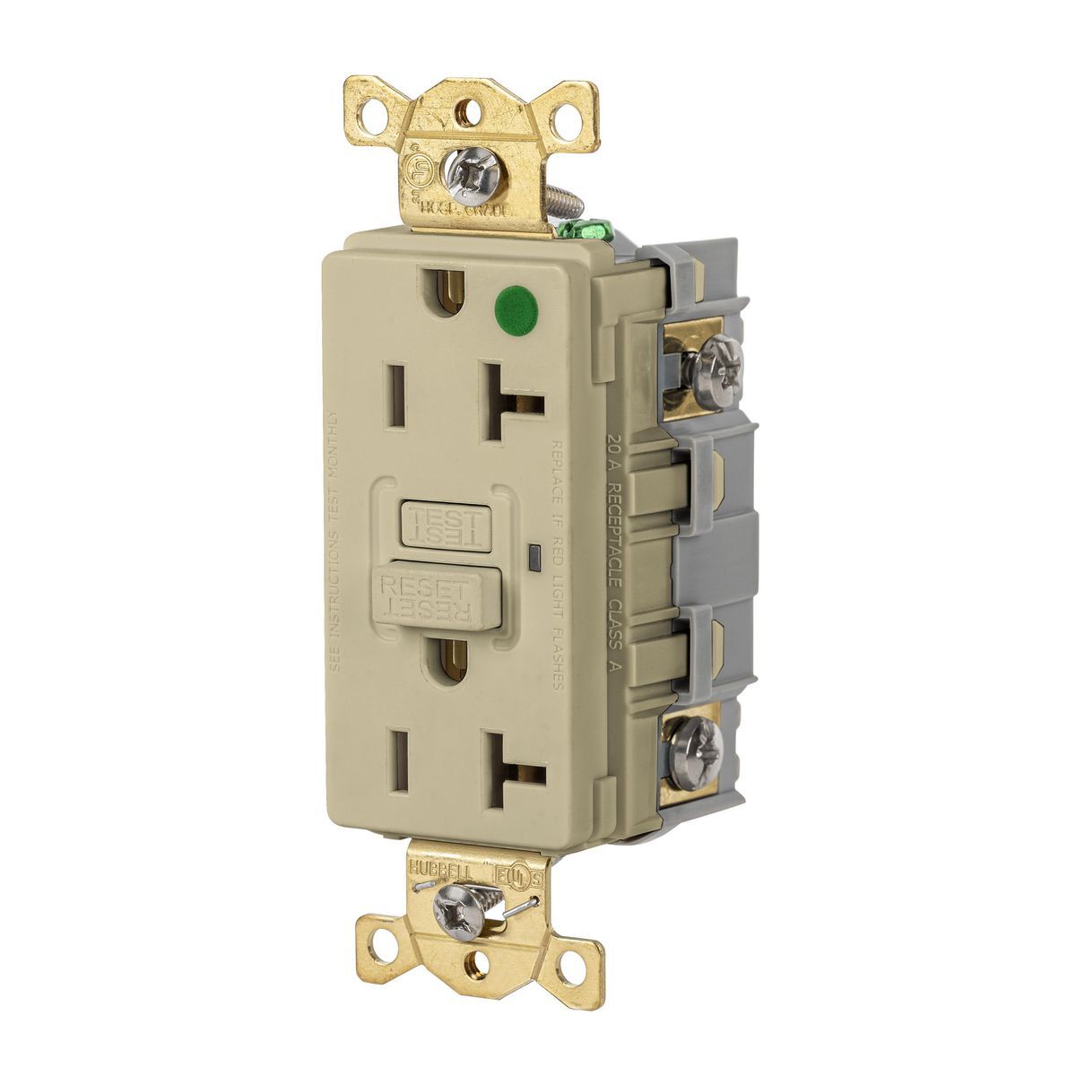 Straight Blade Devices, Receptacle, GFCI, Commercial Hospital Grade, Self Test, 20A 125V, 2-Pole 3-WireGrounding, 5-20R, Ivory