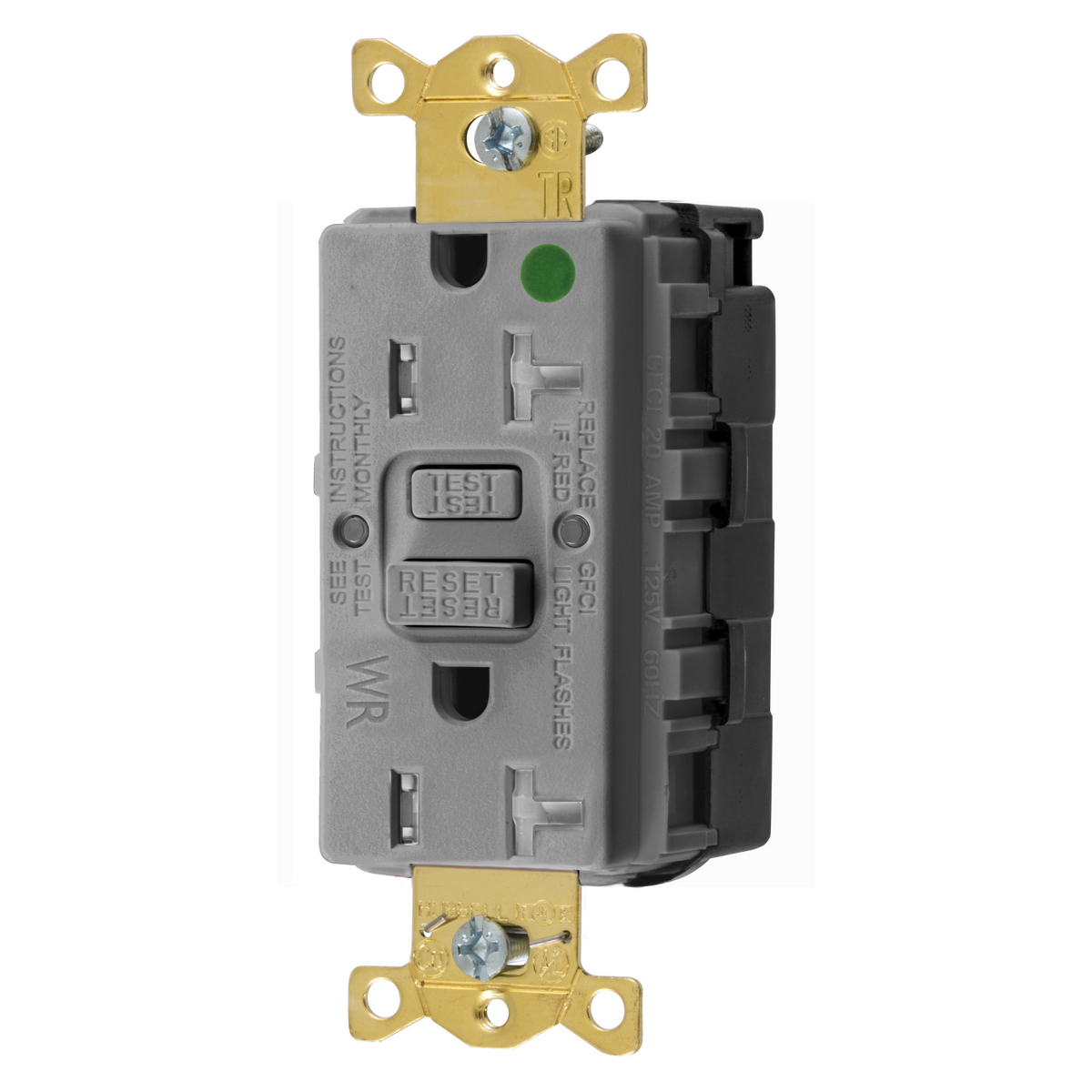 Straight Blade Devices, SNAPConnect Receptacle, GFCI, Tamper and Weather Resistant, Commercial Hospital Grade, Self Test, 20A 125V, 2-Pole 3-Wire Grounding, 5-20R, Gray