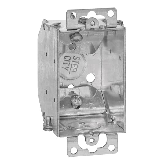 Gangable Switch Box, 10.5 Cubic Inches, 3 Inches Long x 2 Inches Wide x 2-1/4 Inches Deep, 1/2 Inch Knockouts, Pre-Galvanized Steel, Beveled Corners, Non-Metallic Cable Clamps (C-1), Ears Flush for Old Work, For Non-Metallic Sheathed Cable