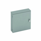 utility enclosures, 24" height, 6" length, 18" width, NEMA 3R, Hinged cover, RTC cabinet, Surface mounted, Medium single door, 9 bottom knockouts, Embossed thru holes, Carbon steel