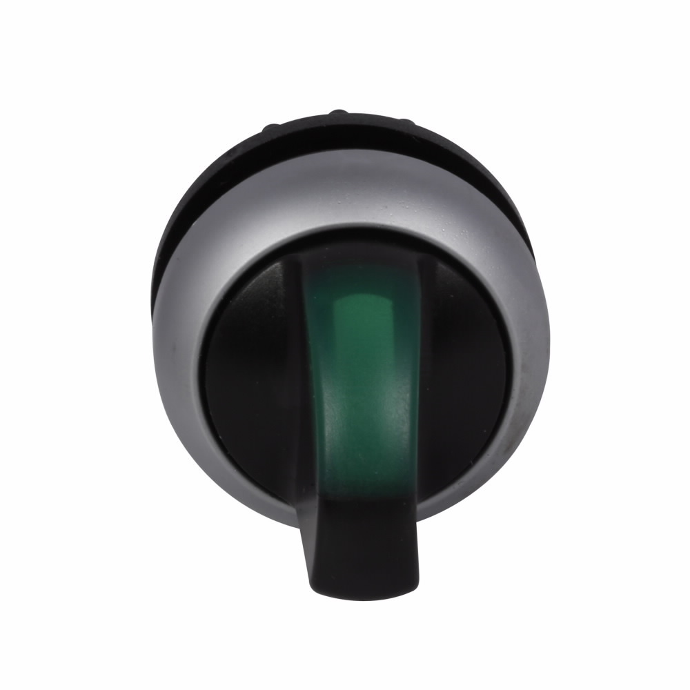 Eaton M22 modular pushbutton, M22 Modular Selector Switch Operator, 22.5 mm, Knob, Maintained, Illuminated, Bezel: Silver, Button: Green, IP66, NEMA 4X, 13, Two-position, Light 100,000 hours, Button 100,000 Operations