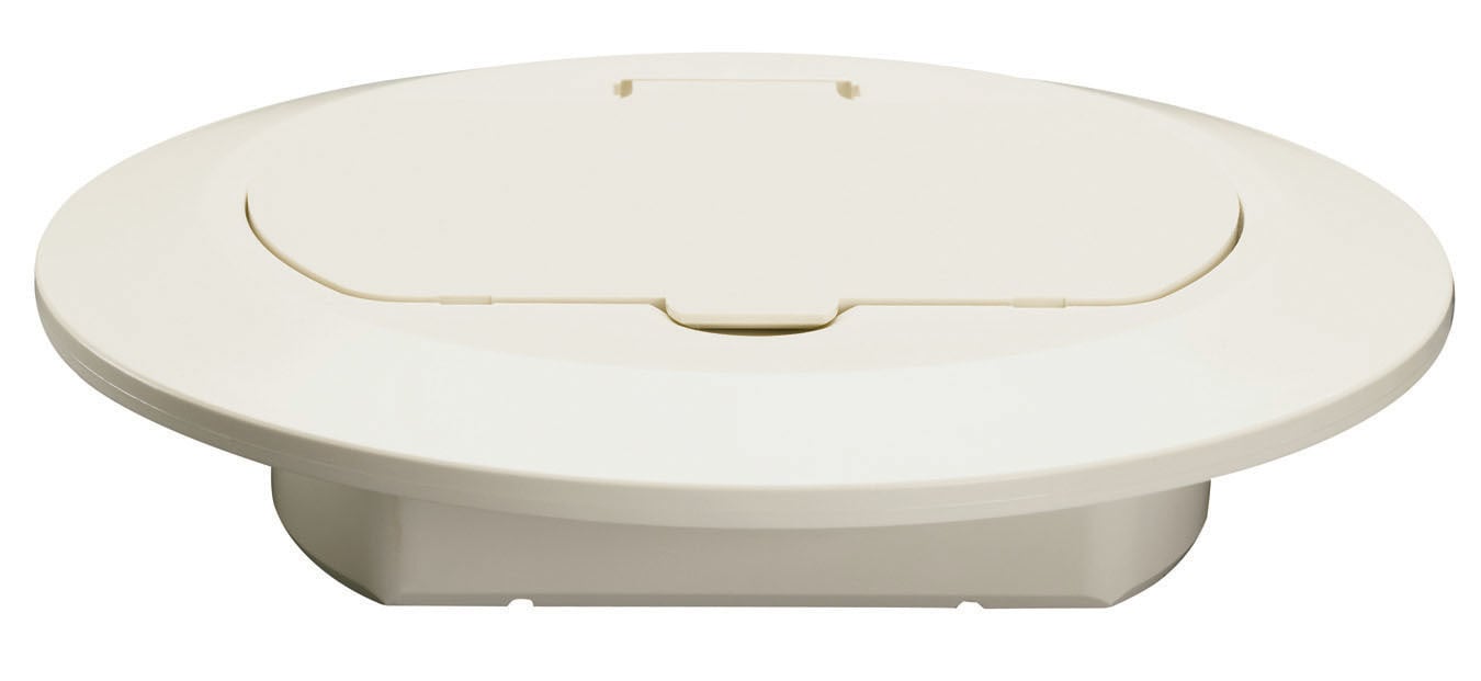 Thermoplastic Cover Includes 15 amp 125 volt Decorator receptacle, matching detachable and replacable hinged door, threaded device-mounting holes, drill guides for low-voltage poke-through holes, accepts any Decorator device, mounts on carpeting, hardwood, linoleum, tile floors, Four mounting/leveling screws. Gray.