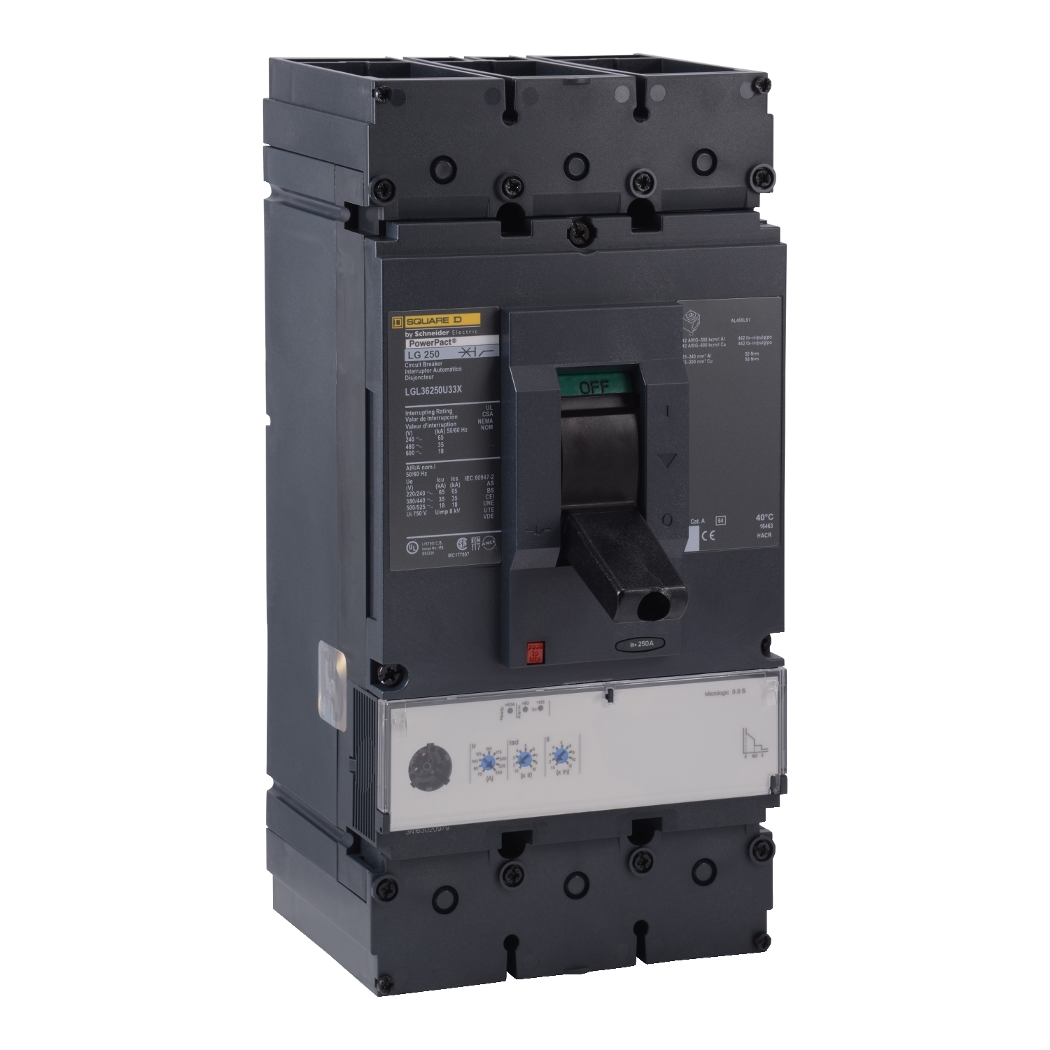 Circuit breaker, PowerPacT L, 250A, 3 pole, 600VAC, 18kA, lugs, MicroLogic 3.3S, 80%