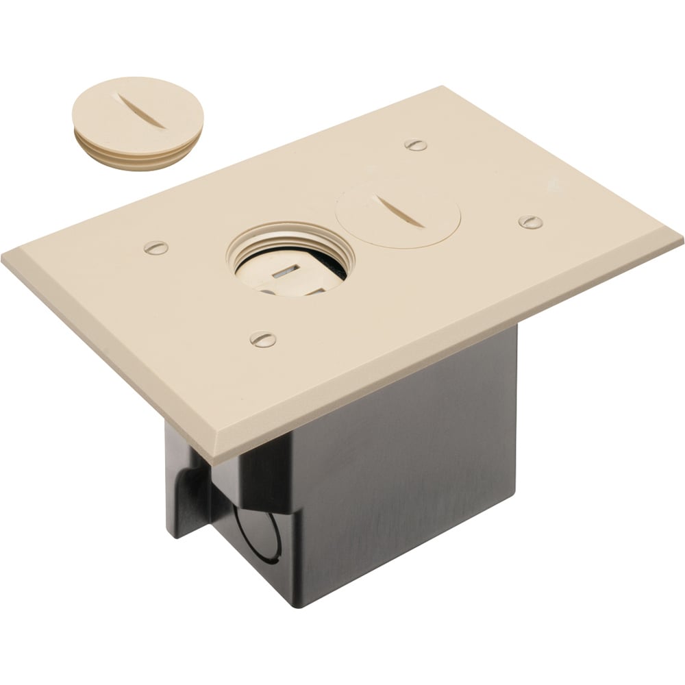 Non Metallic Box with non metallic covers for existing floors. Rectangular gasketed, non metallic light almond cover with threaded plugs.