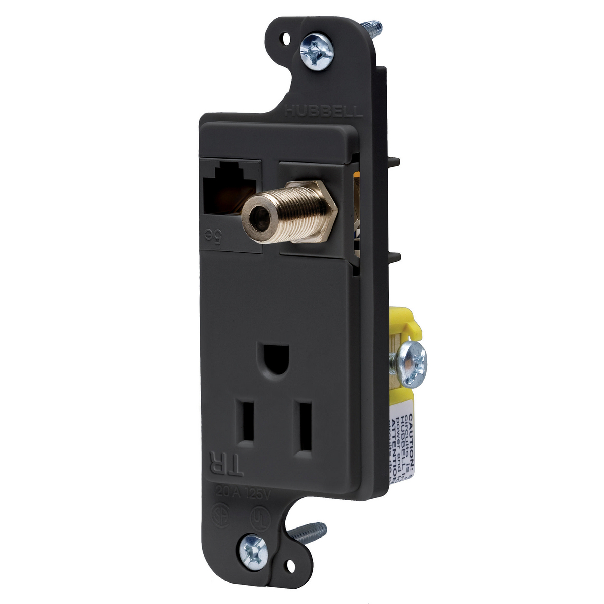 J-Load Media Outlet, 15A 125V Tamper Resistant Receptacle, Cat 6 Jack, F Coax, Decorator Frame, Black