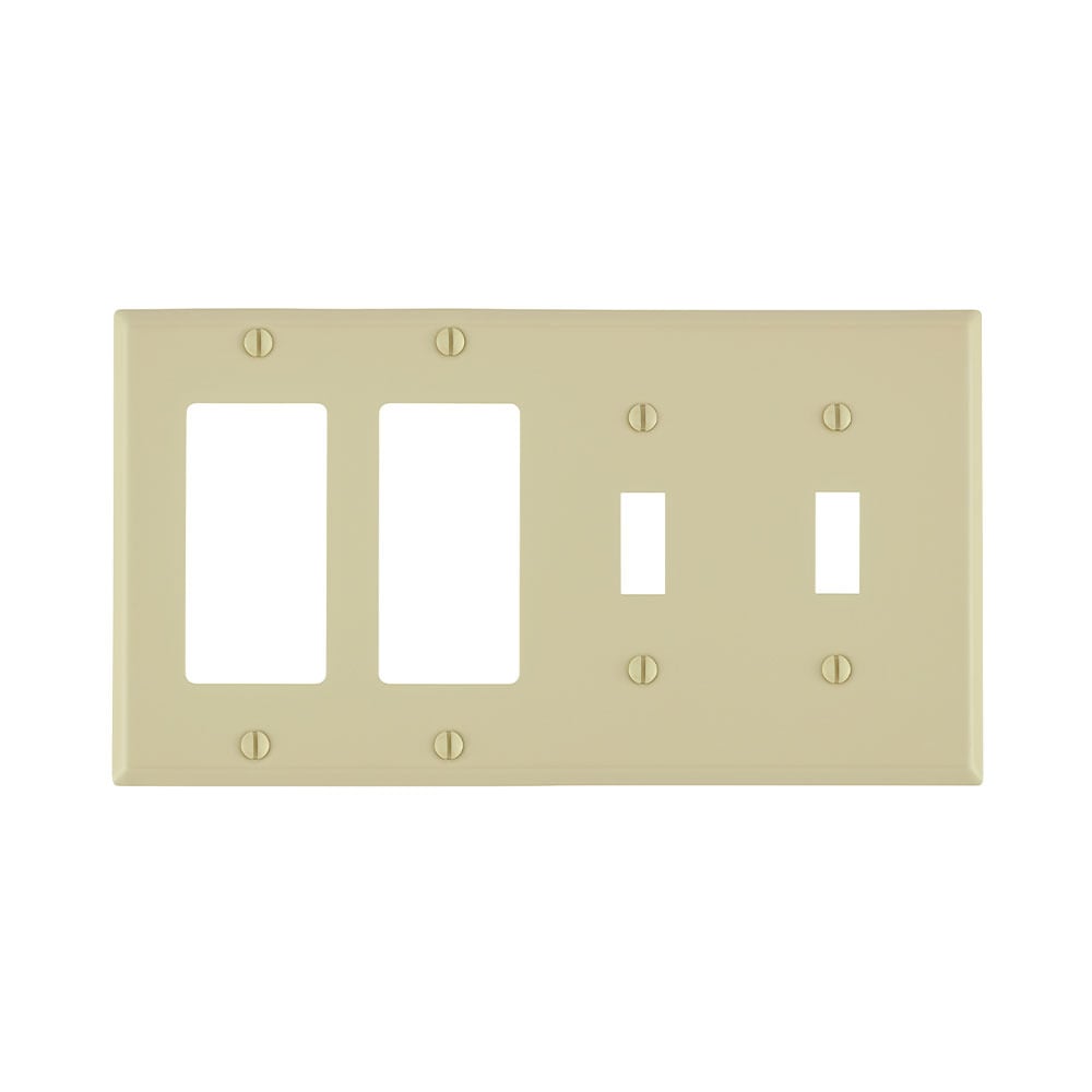 4-Gang 2-Toggle 2-Decora/GFCI Device Combination Wallplate, Standard Size, Painted Metal, Device Mount - Ivory
