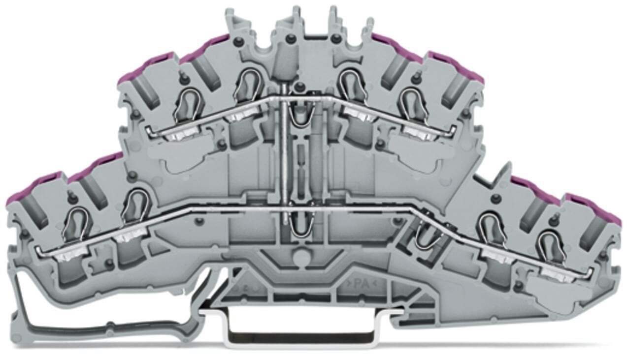 4-conductor double deck terminal block; 8-conductor through terminal block; L; without marker carrier; internal commoning; conductor entry with violet marking; for DIN-rail 35 x 15 and 35 x 7.5; 2.5 mm; Push-in CAGE CLAMP; 2,50 mm; gray