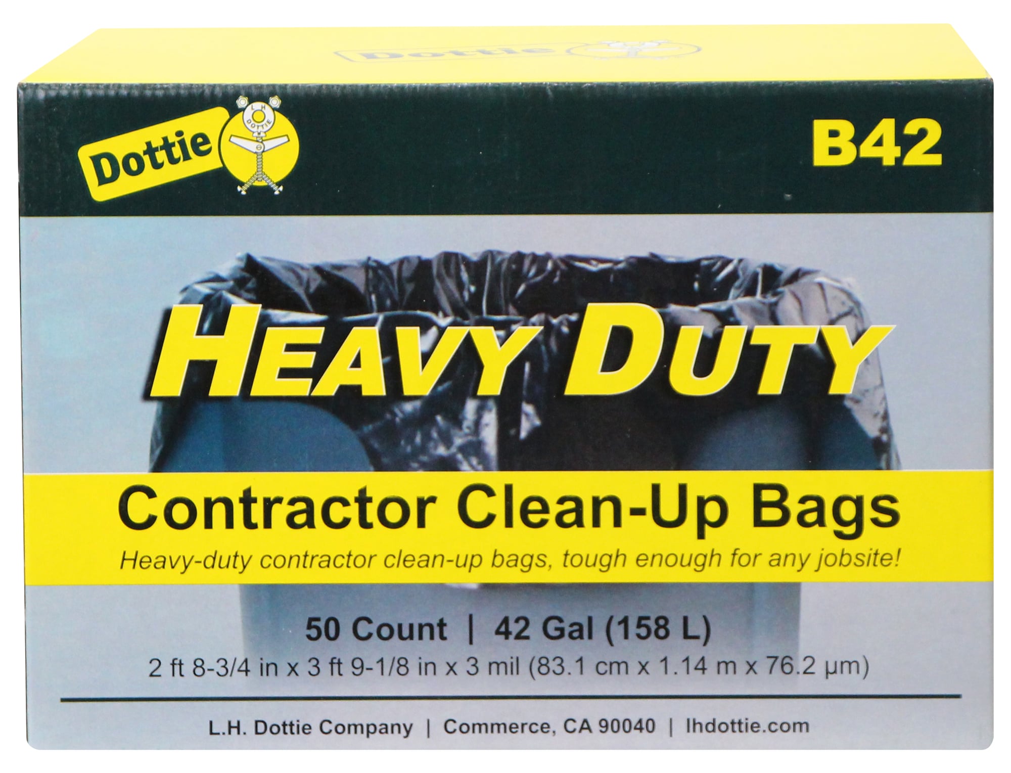 The B42 is a 3 mil, 42 gallon contractor grade clean-up bag used for disposing of construction and project debris. The self-dispensing roll ensures quick release of individual bags and the easy tie keeps debris contained.  