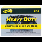The B42 is a 3 mil, 42 gallon contractor grade clean-up bag used for disposing of construction and project debris. The self-dispensing roll ensures quick release of individual bags and the easy tie keeps debris contained.  