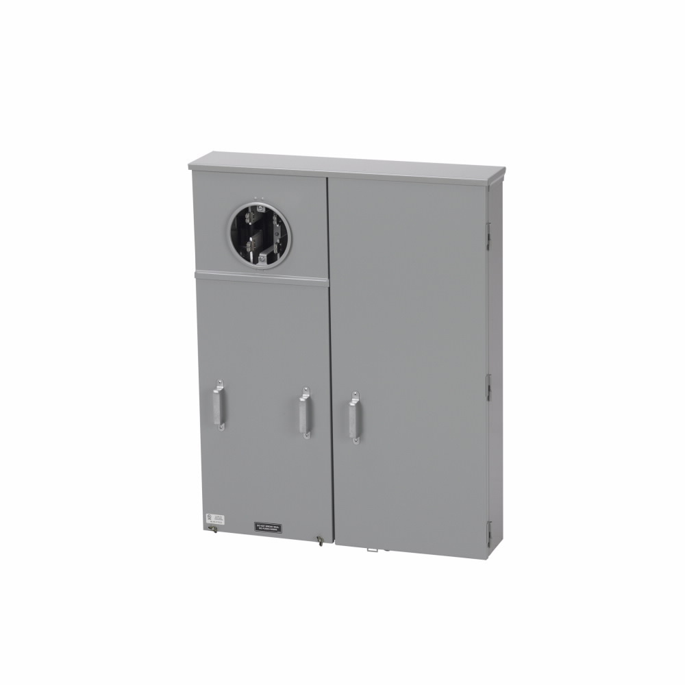Eaton B-Line series meter breakers, 100 A, Lever, Ringless, 3R, ANSI 61 gray painted, #14 AWG-2/0 AWG, #14 AWG-2/0 AWG, Galvanized steel, Surface mount, 7 jaws, 1 position, 3?/4W, Overhead feed