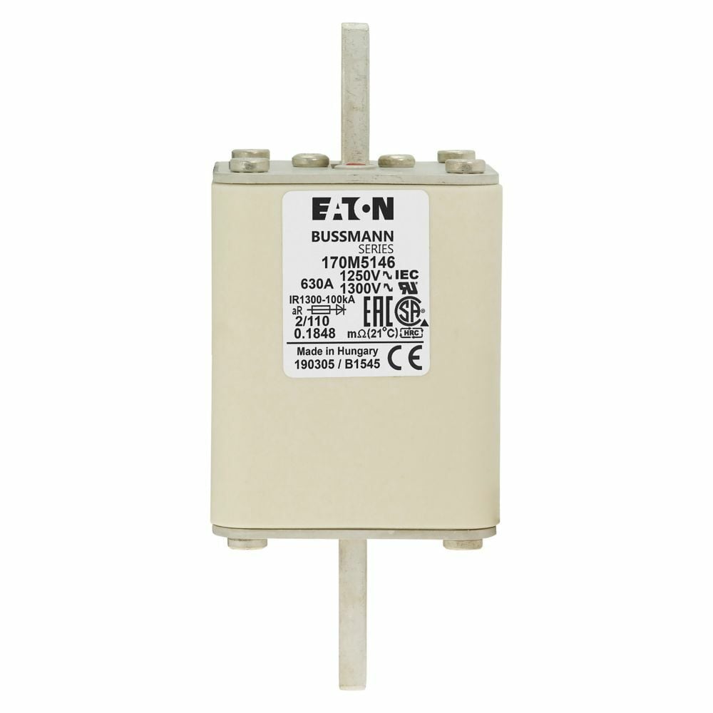 Eaton Bussmann series high speed square body fuse, 630A, 100 kAIC, Class aR, DIN 43 620, Standard, Clearing at 1000V: 575000 , Clearing at 1250V: 730000, square body with centre-bolted tags (slotted), Top fuse status indicator, 110W