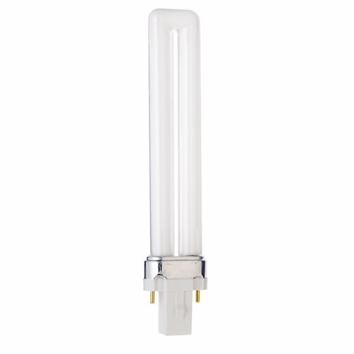 Compact Fluorescent Single Twin 2 Pin Lamp, Designation: CFS9W/827, 9 WTT, T4 Shape, G23 G23 Base, 12000 HR, Lumens: 580 LM Initial, 2700 DEG K Color Temperature, Warm White 82 CRI, 6-1/2 IN Length